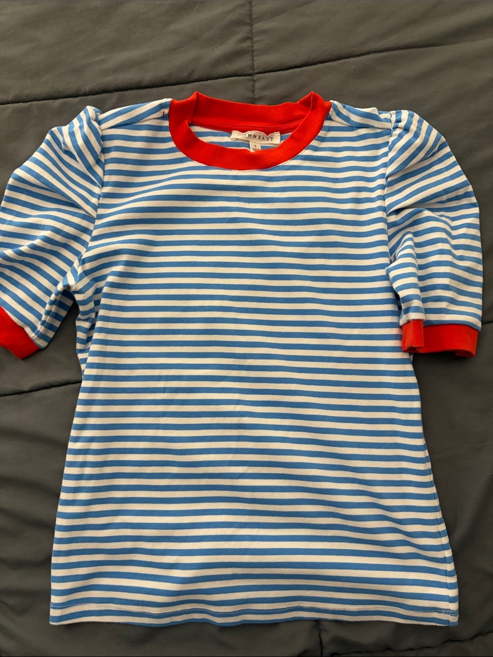 DownEast Red-Trim Blue and White Striped Tee